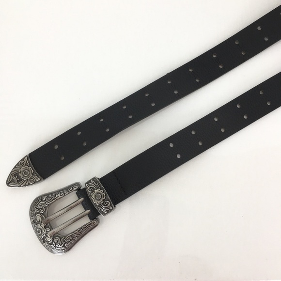 Women’s Black Vegan Leather Western Belt Antique Silver Floral Buckle Size M - Picture 7 of 7